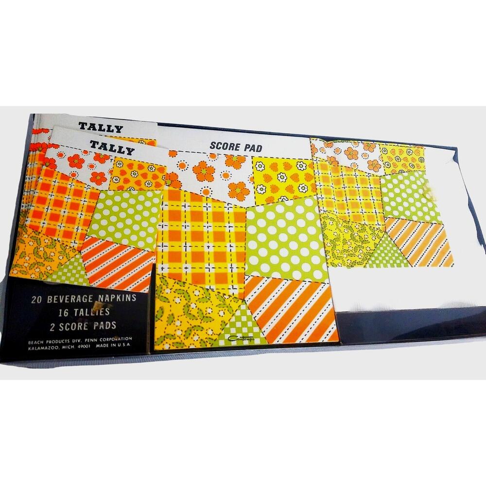 Vintage Contempo Bridge Set Tally Cards Score Pads Napkins Patchwork 70s